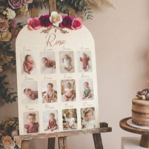 Panneau "Ma Première Année" Pour 1ᵉʳ Anniversaire Avec Fleurs en Papier Faites à la Main et Prénom Couleur Blush