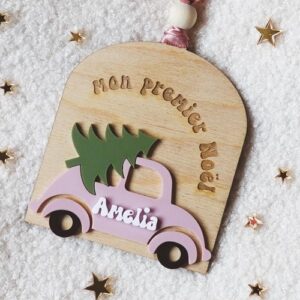 Boule de Noël Ma Première Année avec Prénom - Décoration Bois Thème Voiture Premier Noël Bébé - Ornement Personnalisé Fait Main France